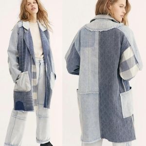 We The Free washed up patched up patchwork distressed long denim jacket coat